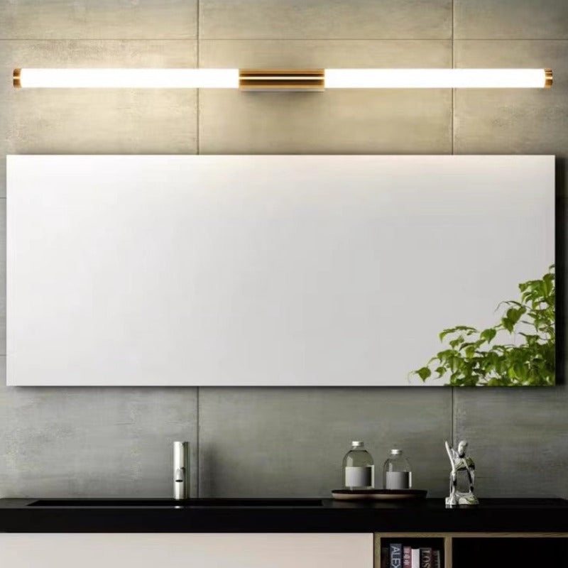 Leigh metal LED wall lamp above bathroom mirror.