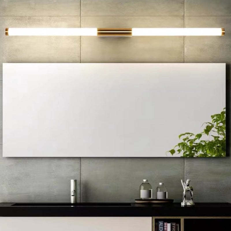Leigh metal LED wall lamp above bathroom mirror.