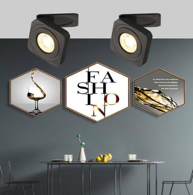 Modern black LED spotlights, living room decor with art