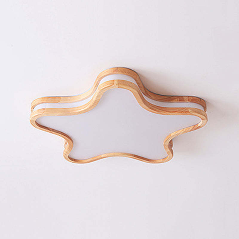 Star shaped flush mount ceiling light, wood and acrylic.