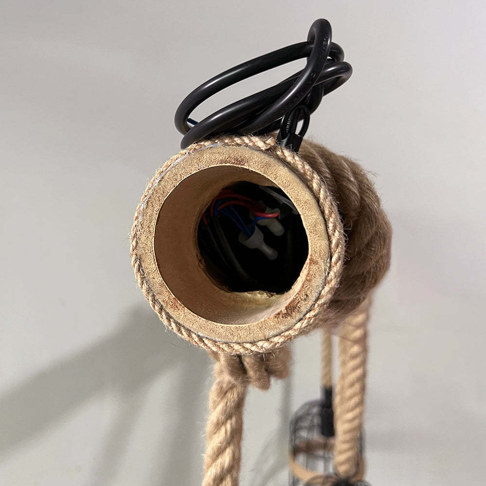 Alessio pendant light wiring. Hemp rope & wood detail.