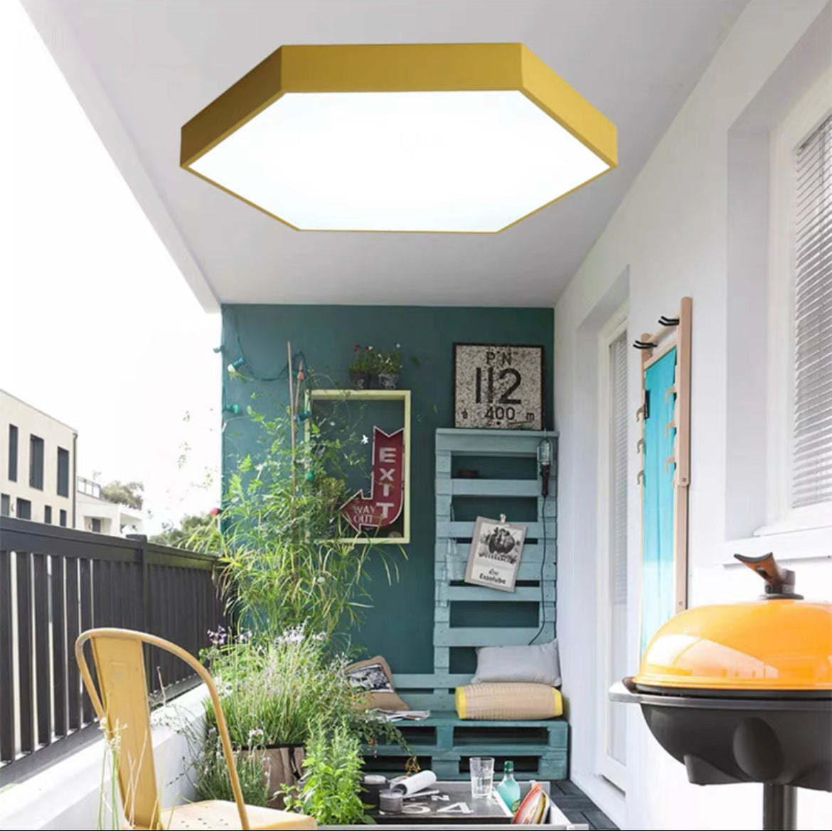 Yellow Morandi Hexagon Ceiling Light on Balcony