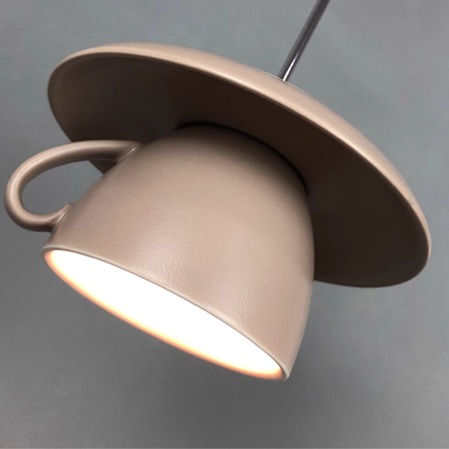 Ceramic teacup pendant light fixture in beige, modern bedroom lighting