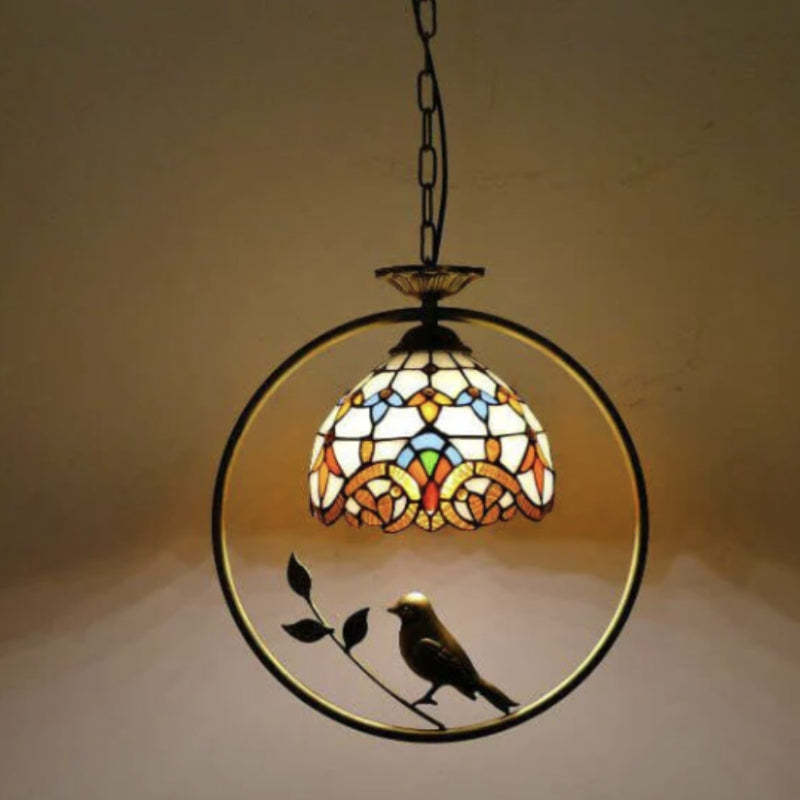 Eryn Cottage Pendant Light, metal and glass, bird detail
