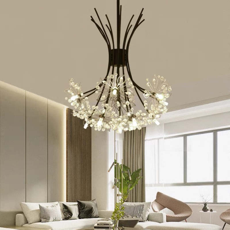 Crystal sputnik chandelier in living room. Art Deco lighting.