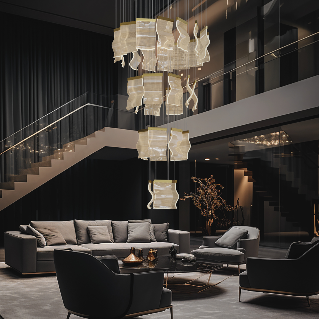 Marilyn Industrial Chandelier lighting a contemporary living room