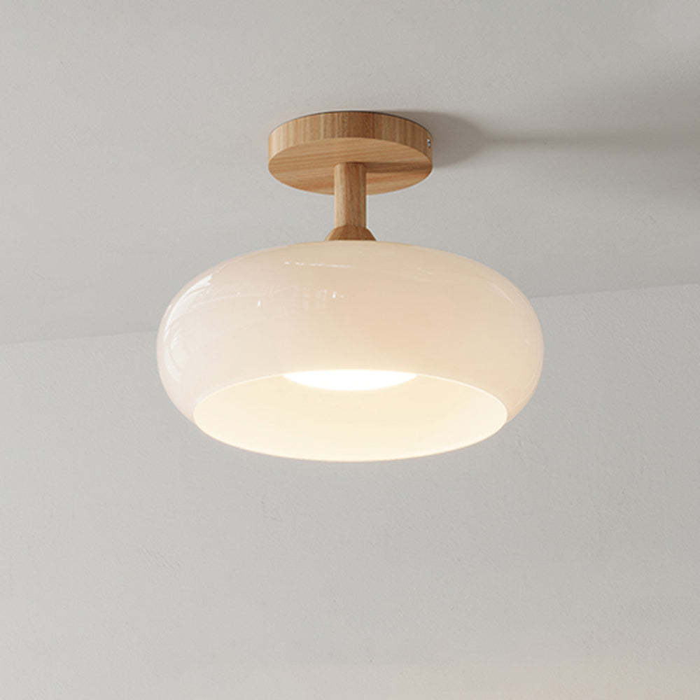 Hailie Flush Mount Ceiling Light - Glass Shade, Wood Base