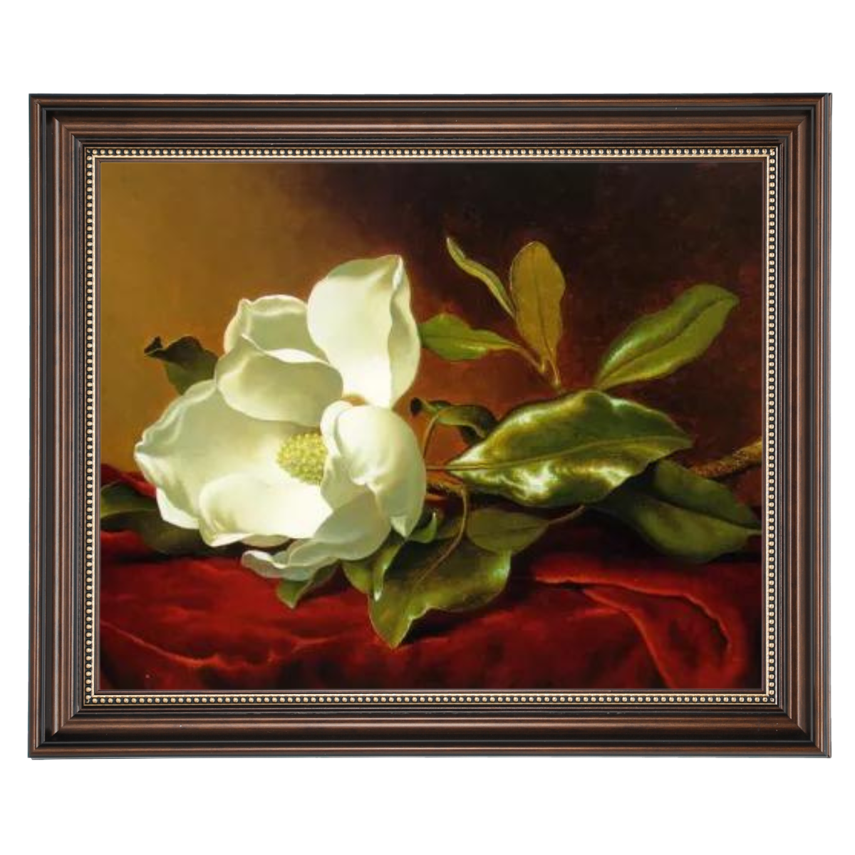 Magnolia flower oil painting on red velvet, framed wall art