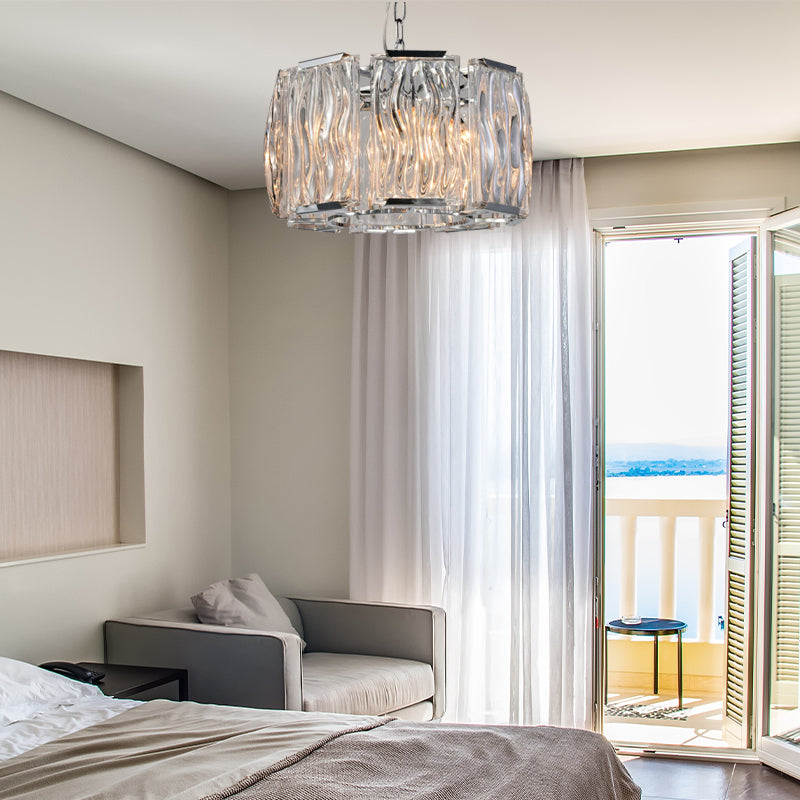 Marilyn Crystal Chandelier over bedroom with balcony view