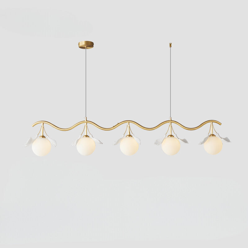 Olivia chandelier with gold finish and orb bulbs, leaf design