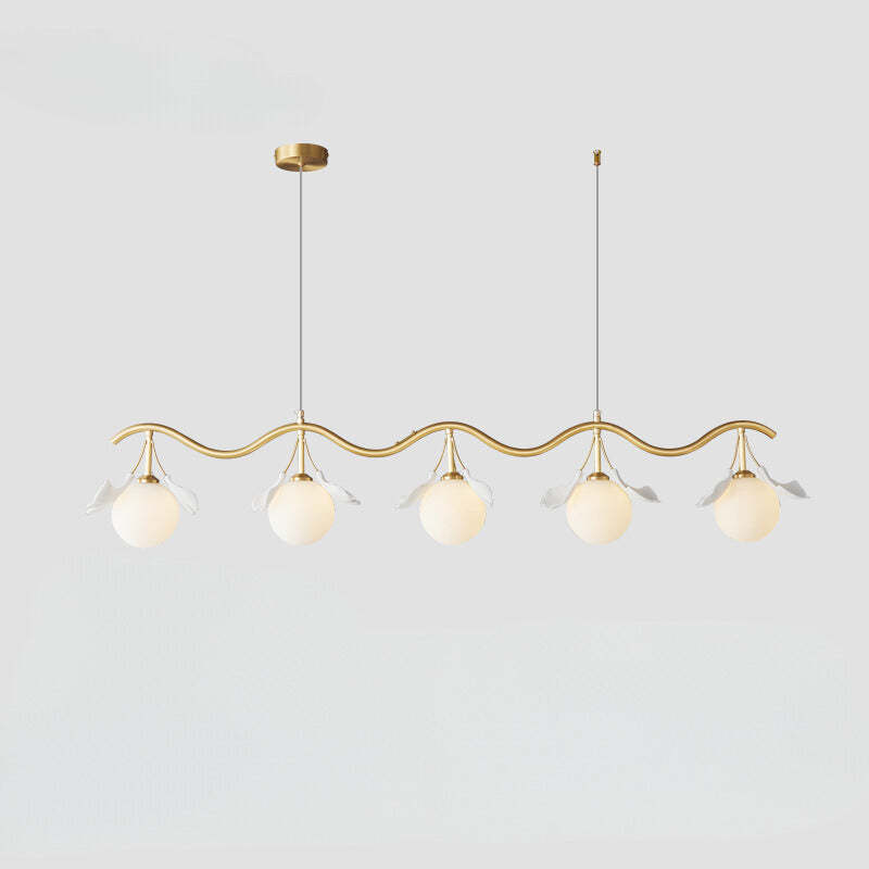 Olivia chandelier with gold finish and orb bulbs, leaf design