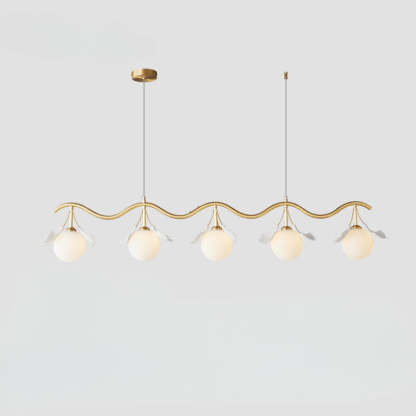 Olivia chandelier with gold finish and orb bulbs, leaf design
