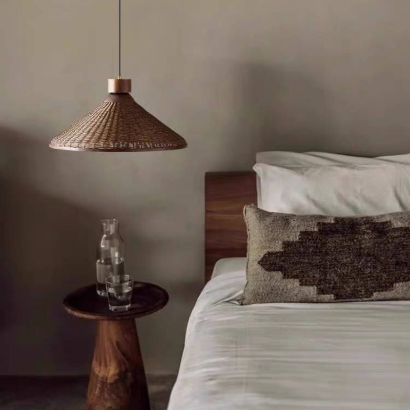 Rattan pendant light in bedroom setting. Alessio retro design. Alessio Retro Design LED Pendant / Ceiling Light Rattan Living Room/Restaurant/Hotel