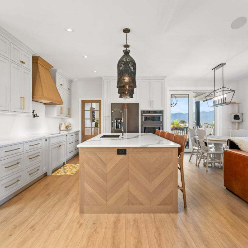 Muto Birdcage LED Pendant Light in a modern kitchen setting