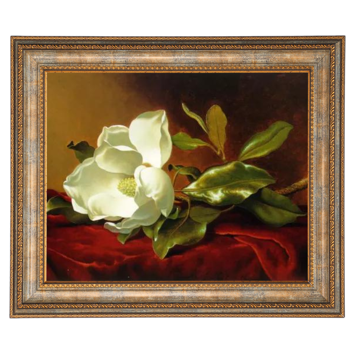 Magnolia flower painting on red velvet framed artwork