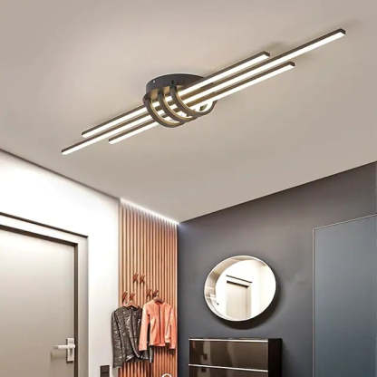 Modern linear LED ceiling light in hallway. Artistic lighting solution.