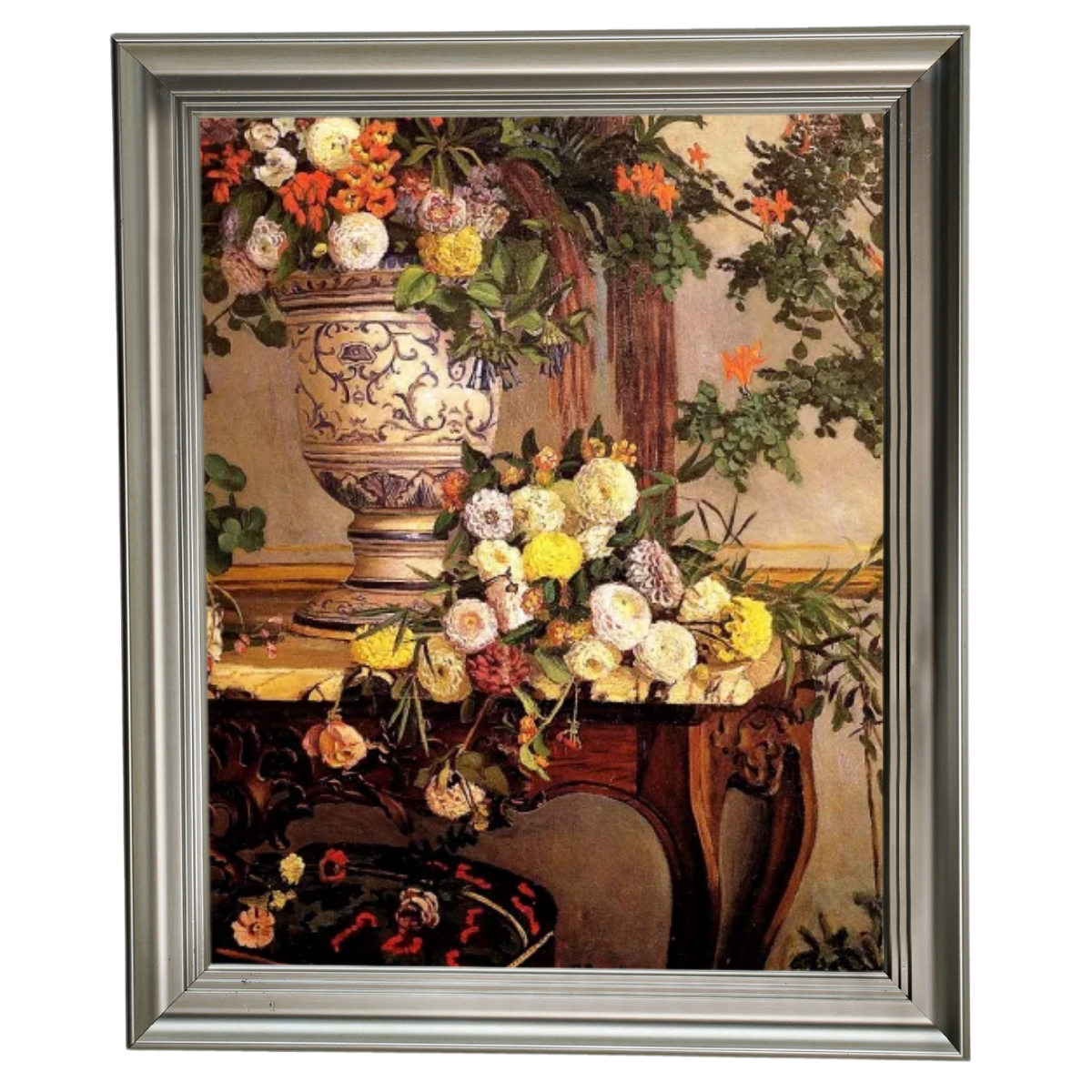 Floral still life painting reproduction in silver frame