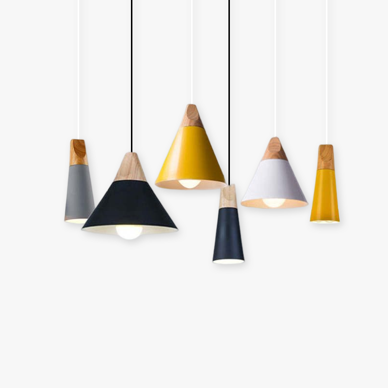 Morandi pendant light with wood and metal in different colors