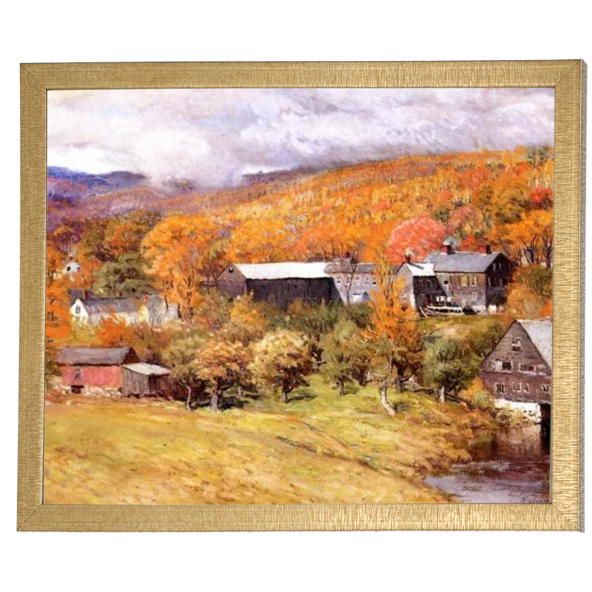 Ogunquit, Maine autumn landscape oil painting in gold frame