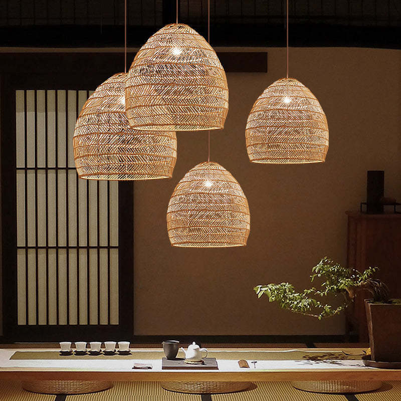 Bamboo pendant lights in a zen-like dining setting