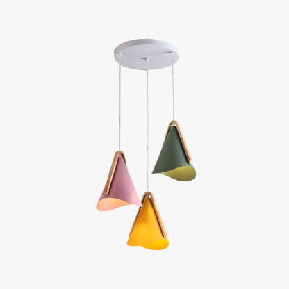 Morandi pendant light with pink, green, and yellow cone shades