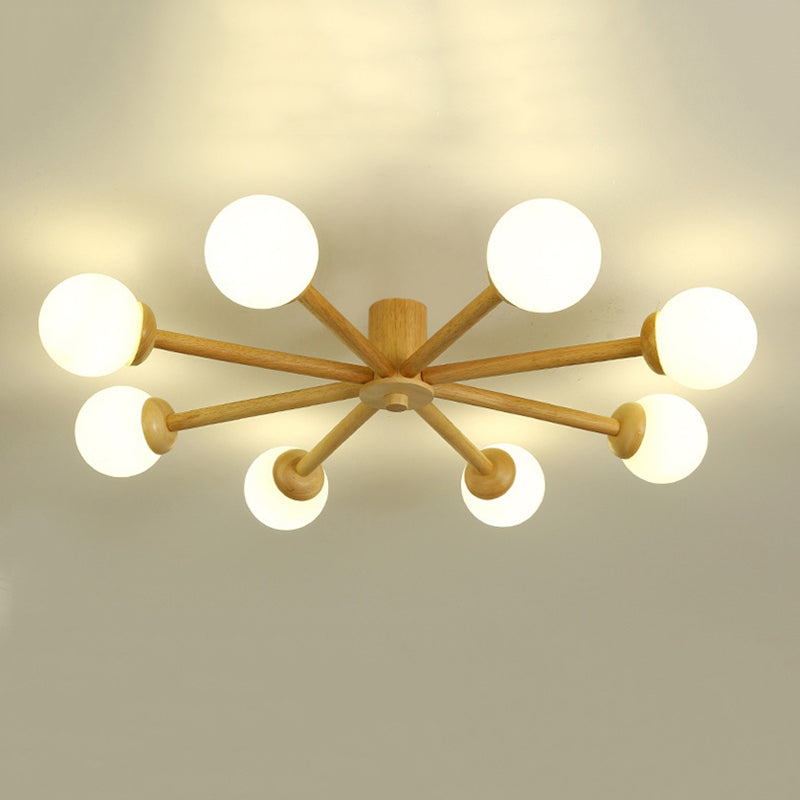 Ozawa 8-light ceiling fixture. Wooden frame with glass globe lamps.