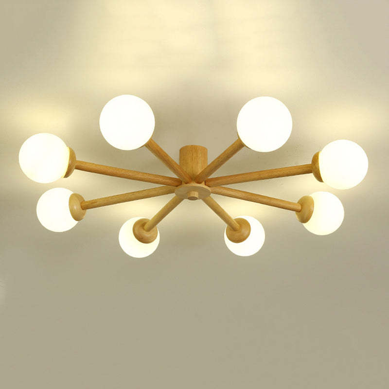 Ozawa 8-light ceiling fixture. Wooden frame with glass globe lamps.