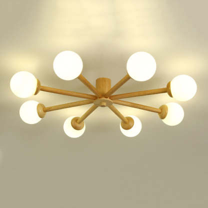 Ozawa 8-light ceiling fixture. Wooden frame with glass globe lamps.