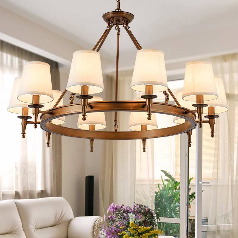 Alessio ring chandelier, vintage style, copper finish with fabric shades