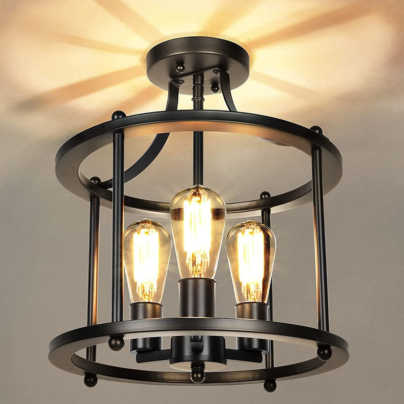 Industrial metal ceiling light. Alessio flush mount lighting fixture. Alessio Flush Mount Ceiling Light Lantern Industrial Metal Dining Room