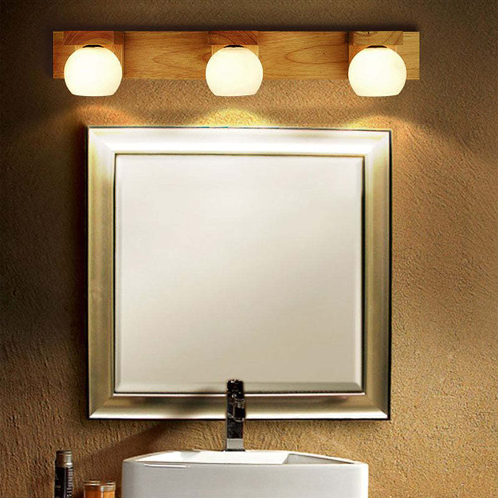 Ozawa Wooden Ball Mirror Front Vanity Wall Lamp in bathroom