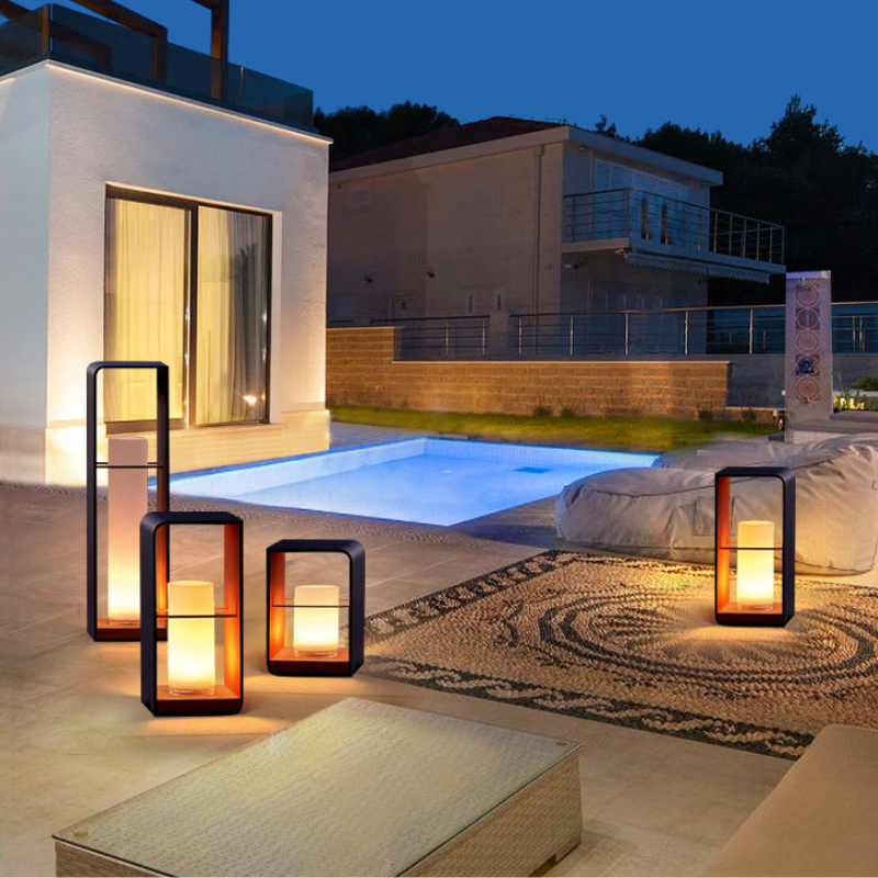 Orr minimalist outdoor floor lamps by pool at dusk. Orr Minimalist Cuboid Candle Outdoor Floor Lamp Garden