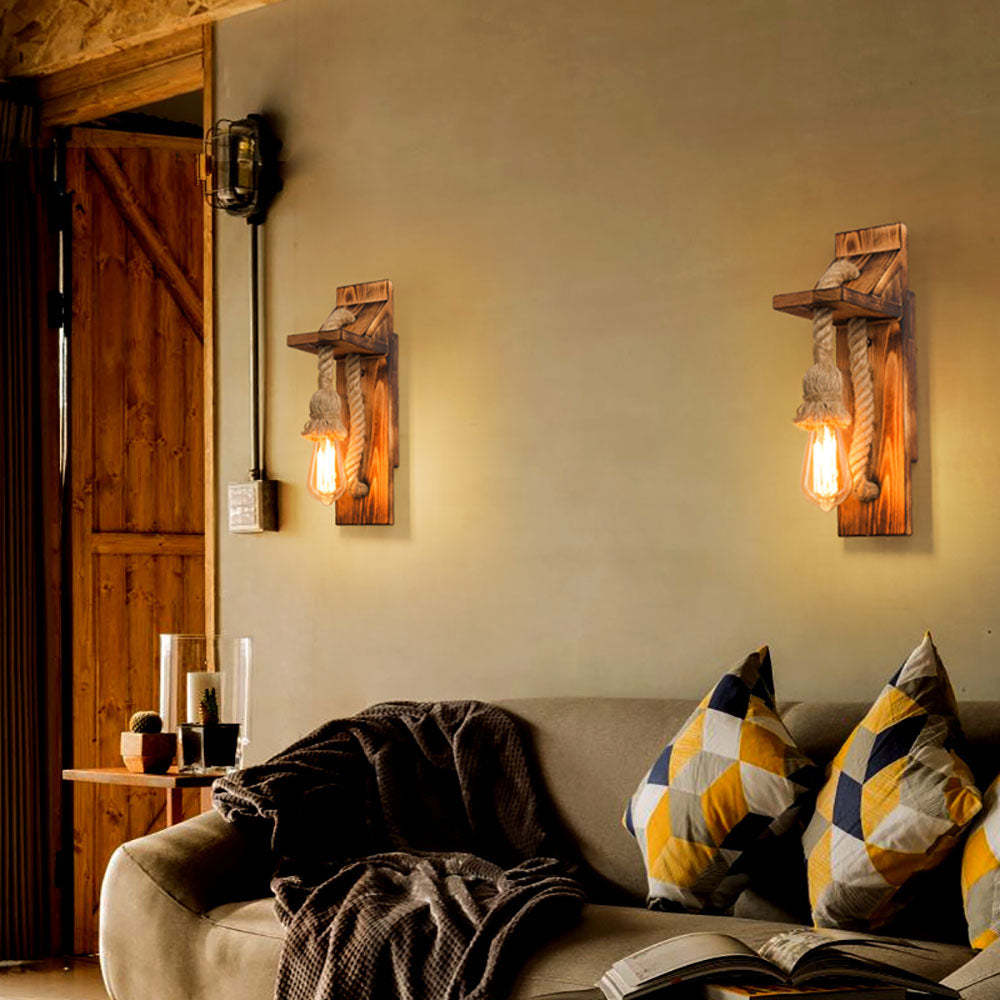 Rustic Wood & Rope Wall Lamp | Las Sola Lighting