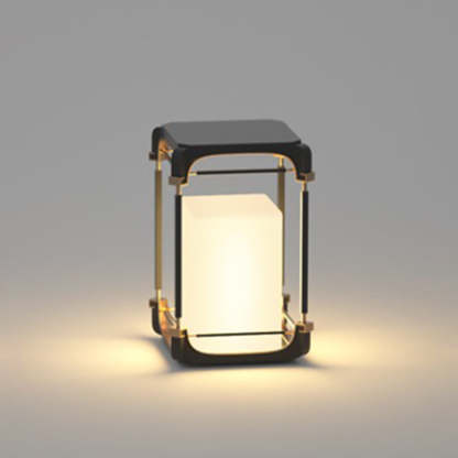 Las Sola Orr floor lamp: cuboid, black metal frame, warm glow.