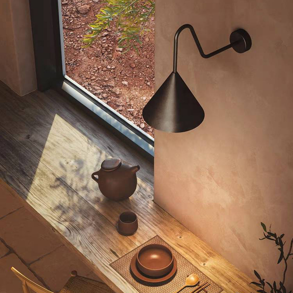 Carins Minimalist Cone Metal Outdoor Wall Lamp setting, interior design