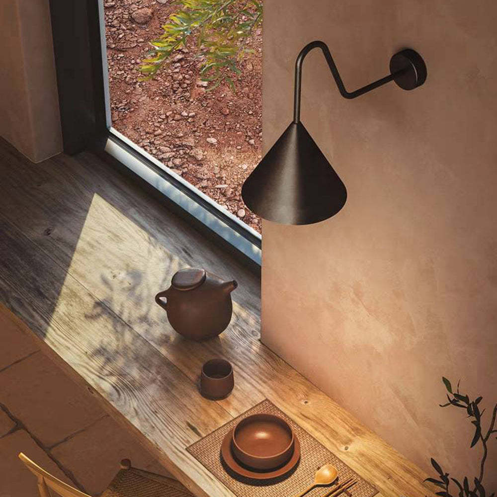 Carins Minimalist Cone Metal Outdoor Wall Lamp setting, interior design