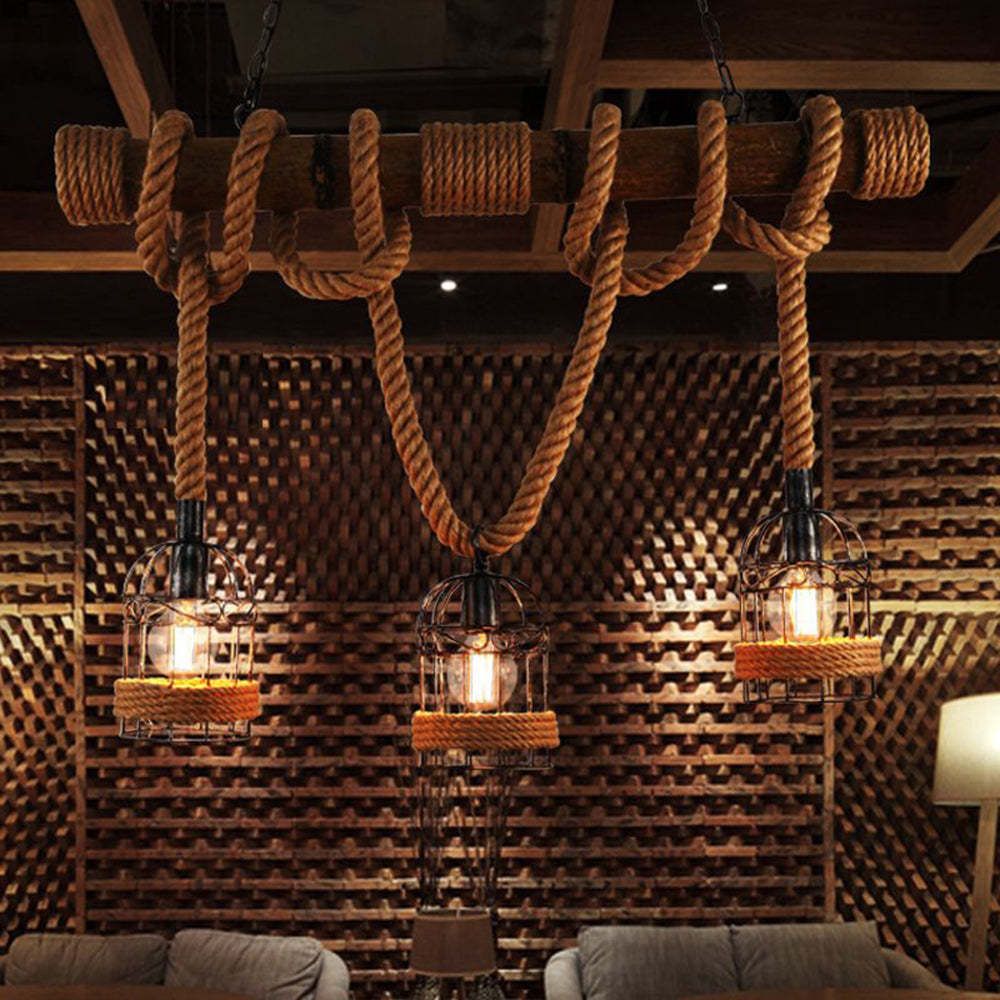 Alessio Vintage Pendant Light, 3-head rope and metal design