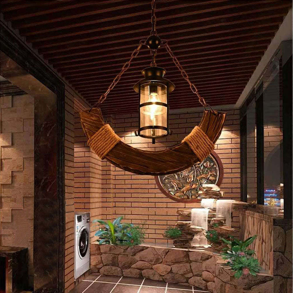 Rustic arc wood pendant light fixture.