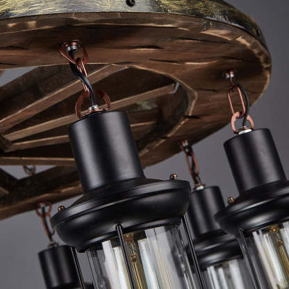Rustic Wood Rudder Pendant Light with Glass Lanterns