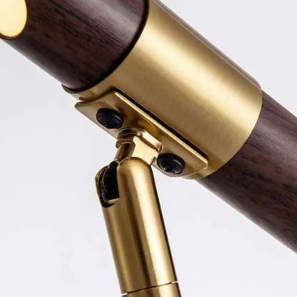 Edge Floor Lamp: gold metal and wood joint detail.
