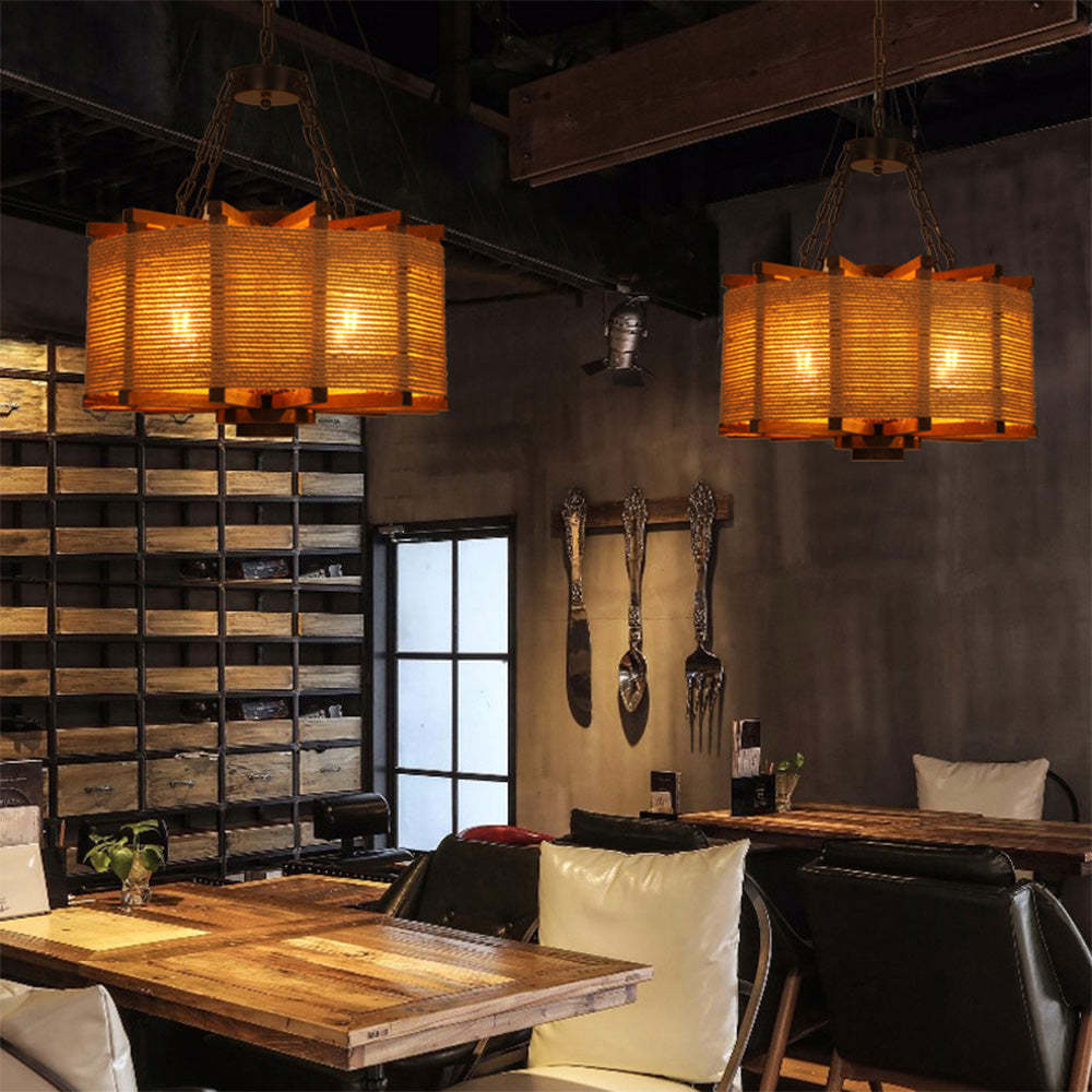 Austin Retro Pendant Light - Cylindrical Wood & Metal