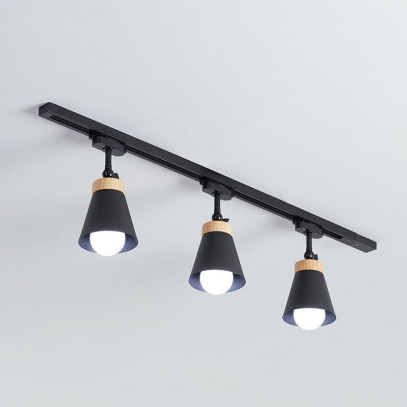 Haney Modern Cone LED Track Lighting, black finish with wood accents