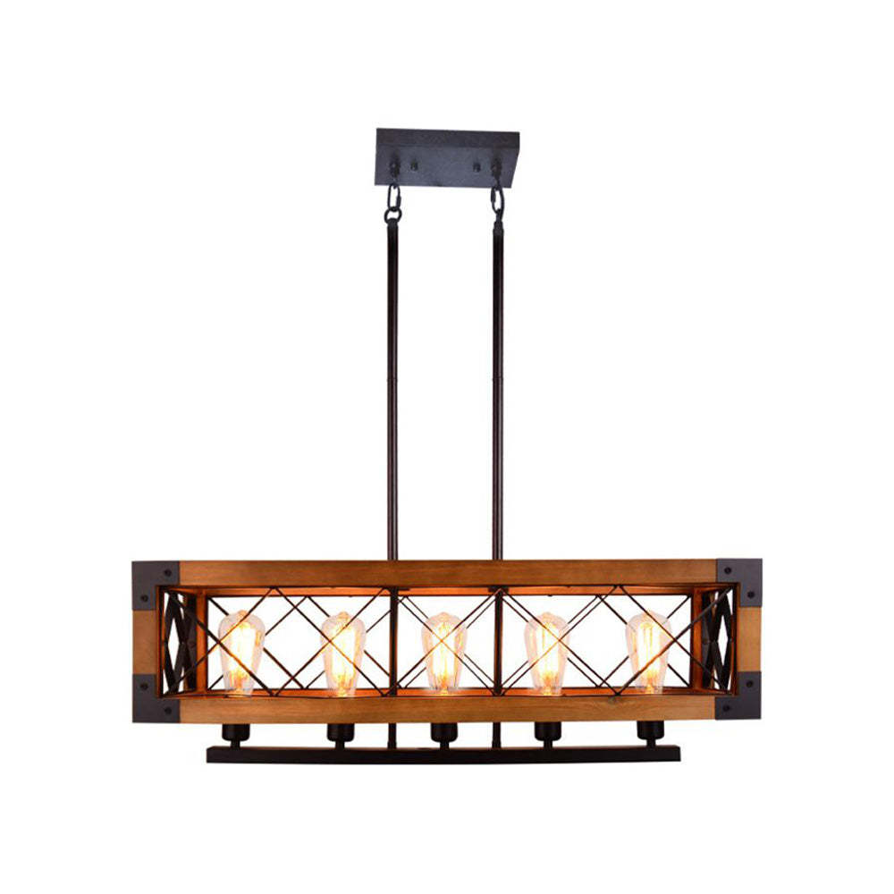 Industrial cage pendant light with wood and metal frame