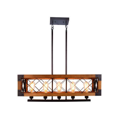 Industrial cage pendant light with wood and metal frame