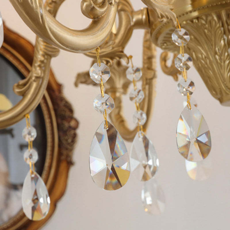 Silva Chandelier detail: Crystal and gold metal chandelier close-up