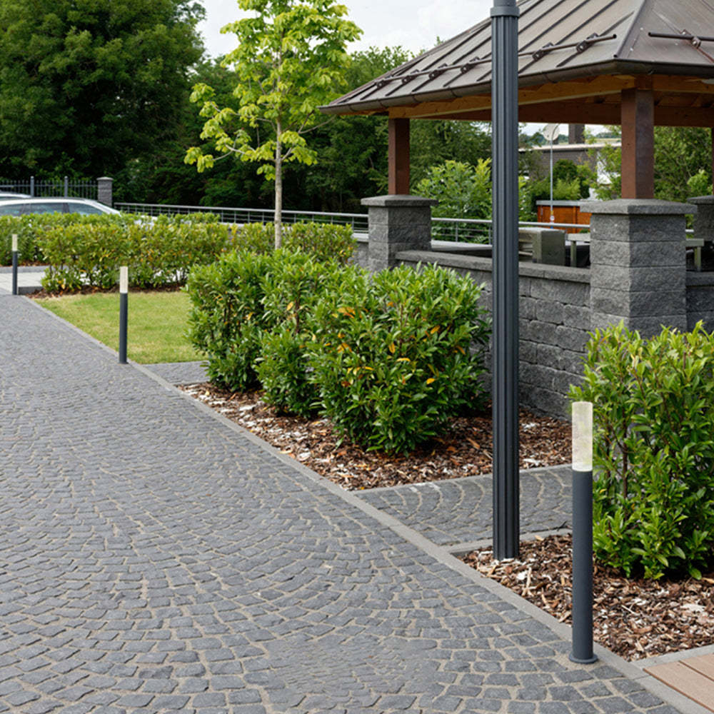 Outdoor path lights illuminating a garden pathway