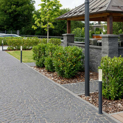 Outdoor path lights illuminating a garden pathway