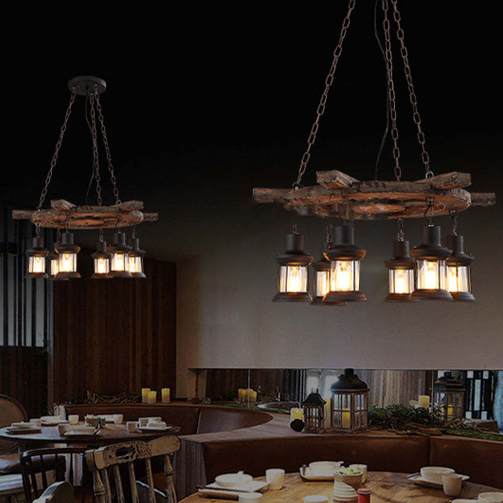 Retro rudder pendant light, 6 heads, wood and metal.