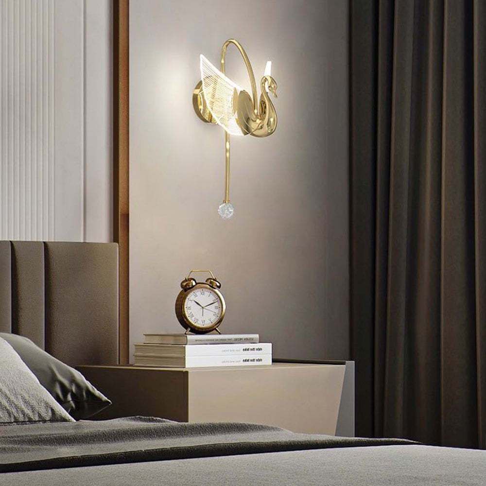 Swan-shaped wall lamp in bedroom setting