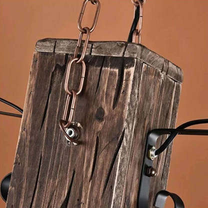 Close-up of wood & metal Austin pendant light fixture.